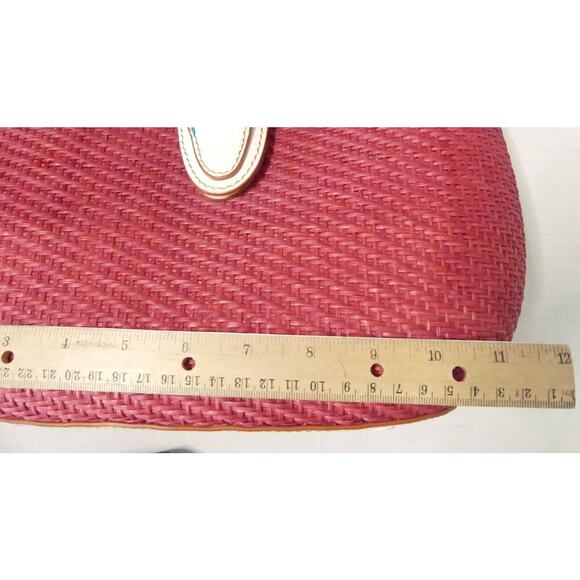 Pink Wicker Handbag Rattan White Leather Handle Buckle Elliott Lucca Colorful - Picture 12 of 13